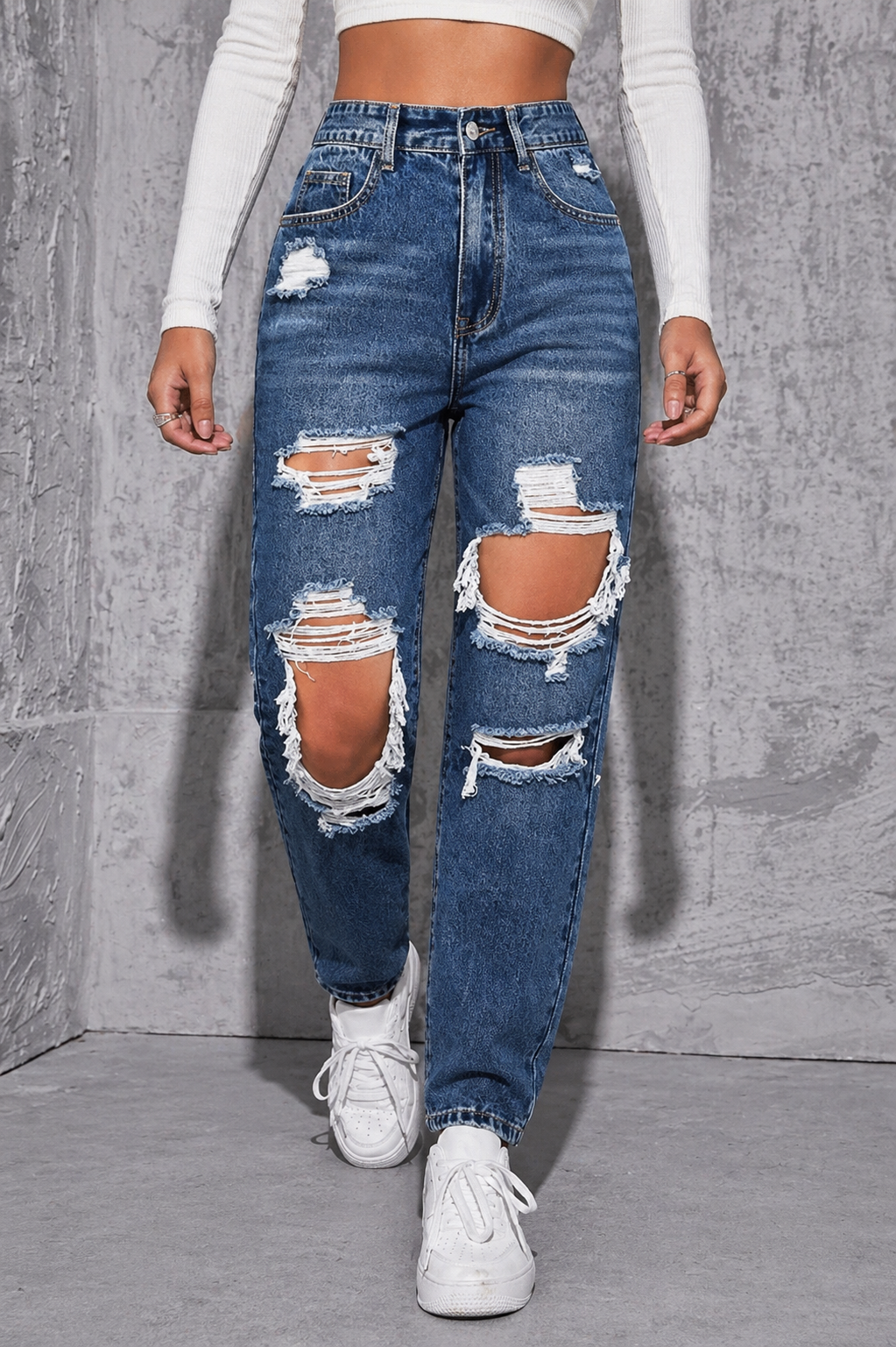 Ripped High Waist Straight Leg Jeans Slim Shape Effortless Style All Season Women