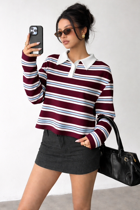 Striped Polo Sweatshirt – Retro 2-in-1 Autumn Winter Casual Top