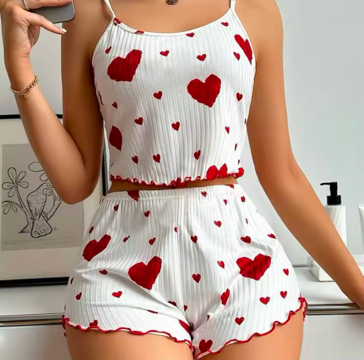 Women’s 2-Piece Pajama Set – Soft & Comfortable Tank Top and Shorts with Love Print – Casual Sleepwear for Relaxation | S, M, L