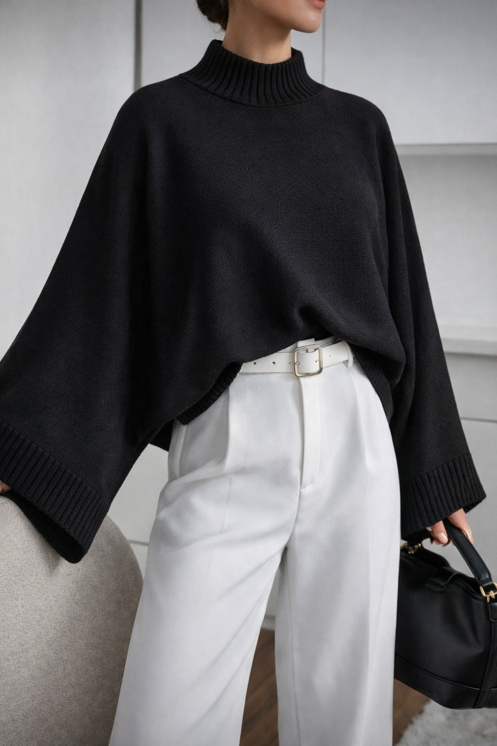 Women’s Oversized Batwing Sleeve Knit Sweater – Minimalist Mock Neck Winter Jumper - UltraChic