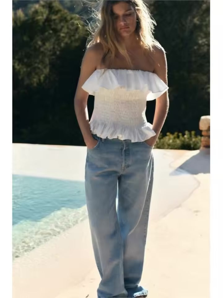 Elenzga Bohemian Ruffled Strapless Crop Top – Women’s Summer Vacation Tube Blouse