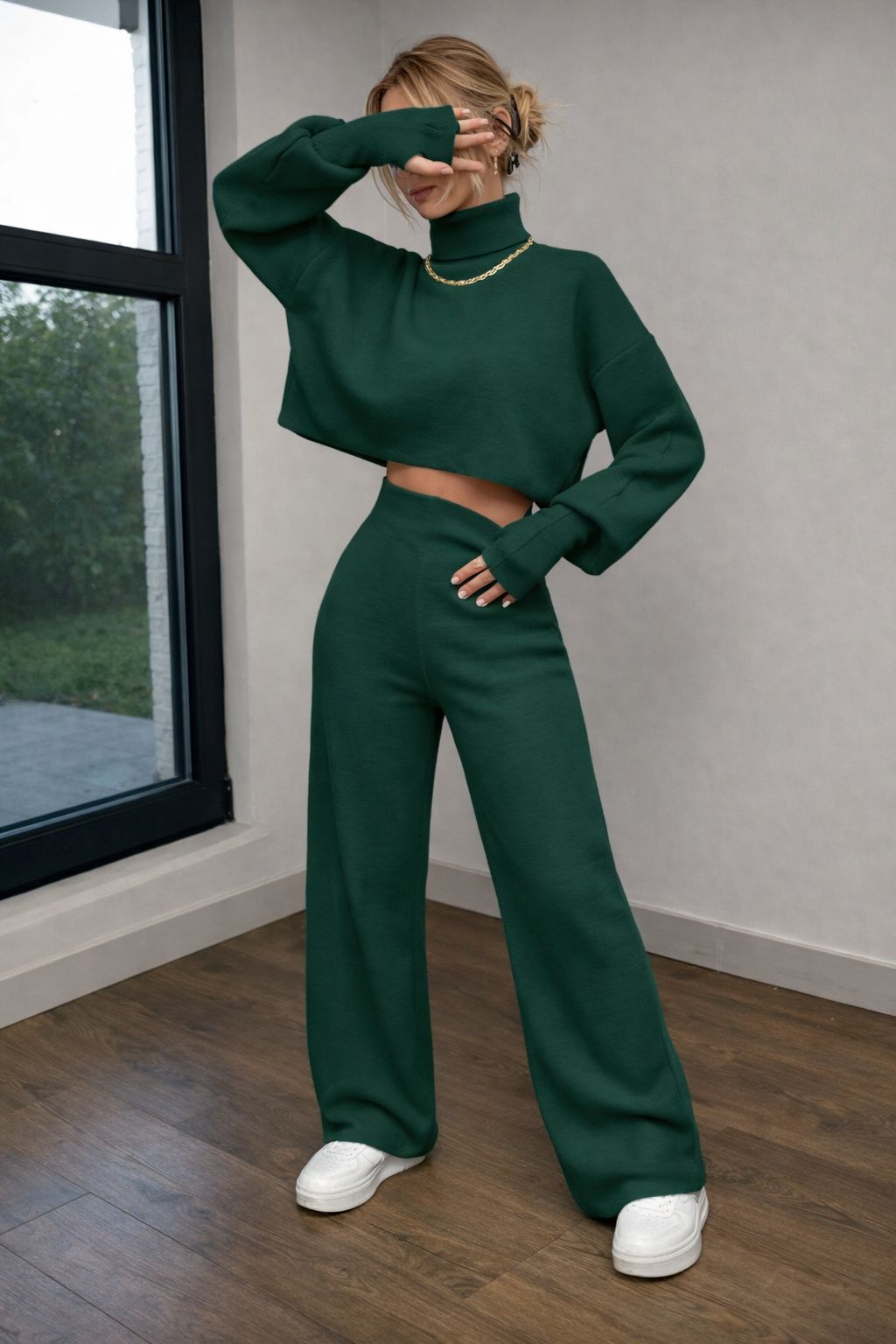 Women’s Turtleneck Crop Top Set – Cozy Autumn Winter Casual Outfit