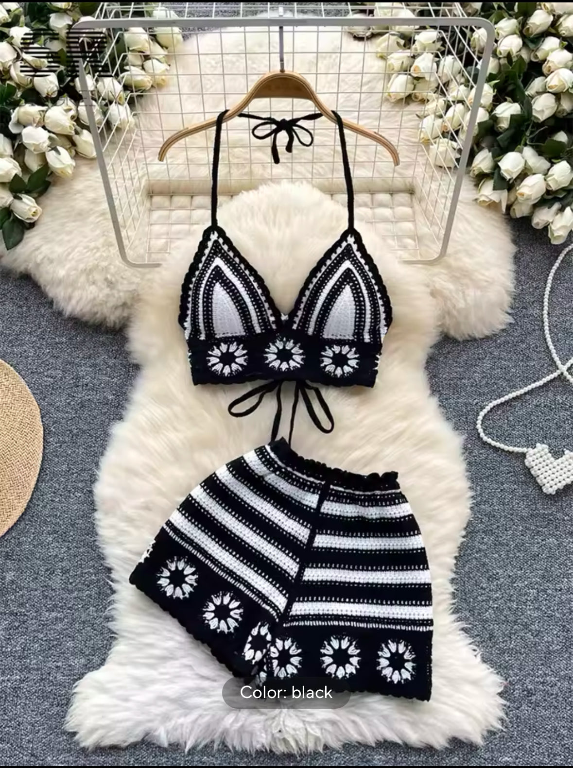 SINGREINY Women’s Beach Vacation 2-Piece Set – Halter Lace-Up Camisole & Elastic Waist Shorts | Trendy Hollow Hook Floral Design