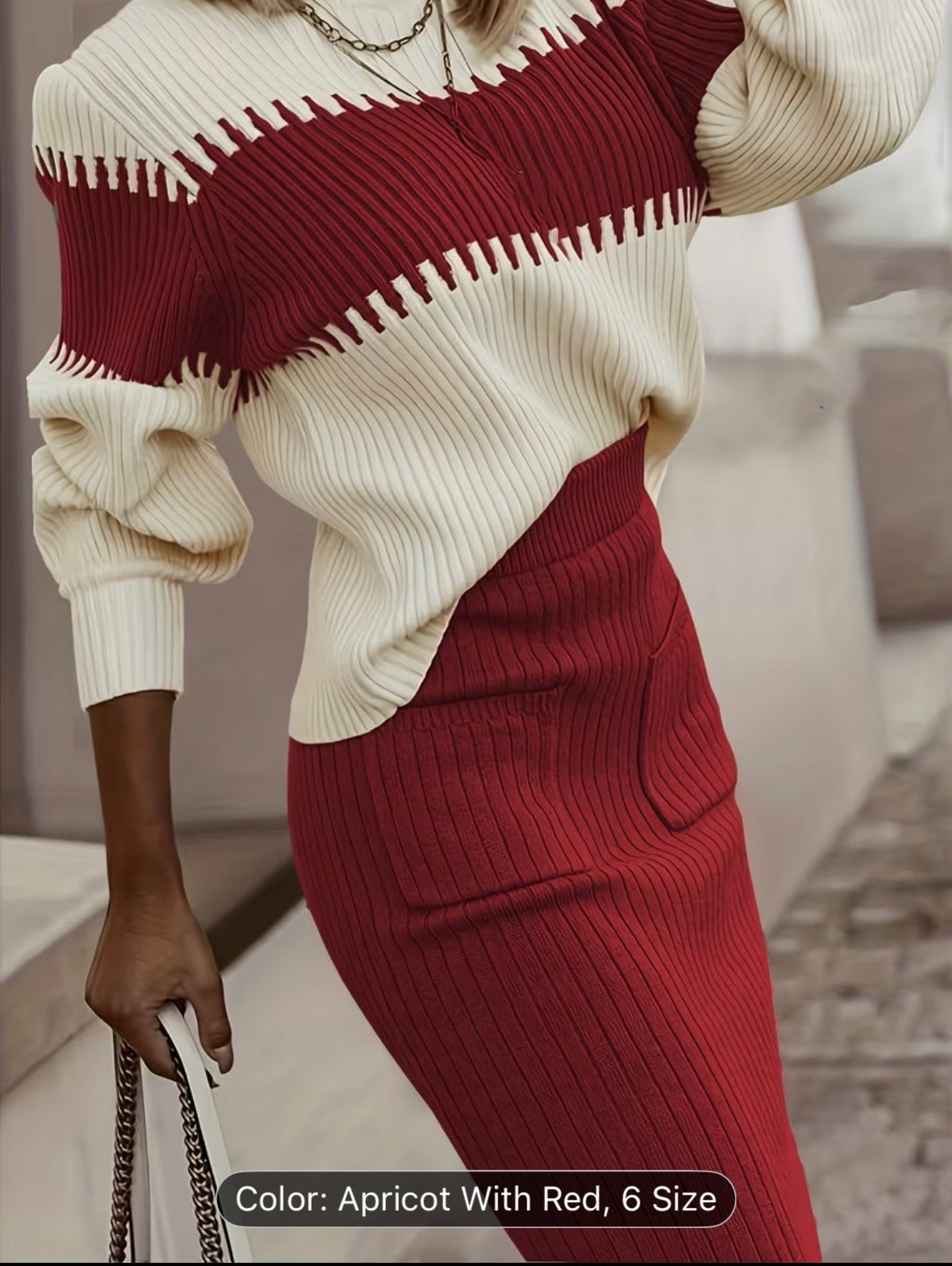 High Neck Pullover Skirt Split Two-Piece Color Block Contrast Thick Long Sleeve Sweater Set – Winter Wardrobe, Elegant Office & Casual Style for Women - UltraChic