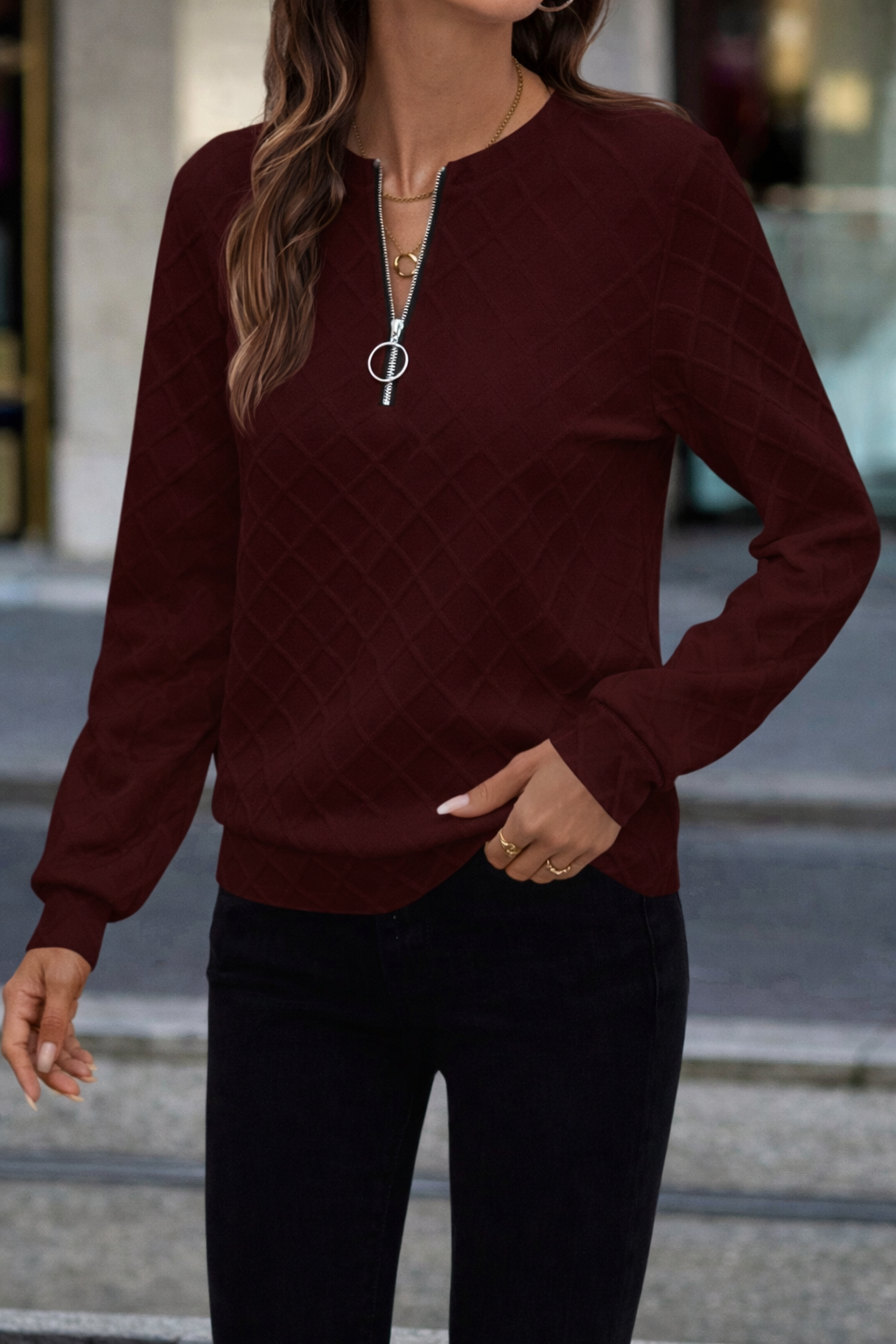 Women’s Textured Zip Sweatshirt – Cozy Fall Casual Top - UltraChic