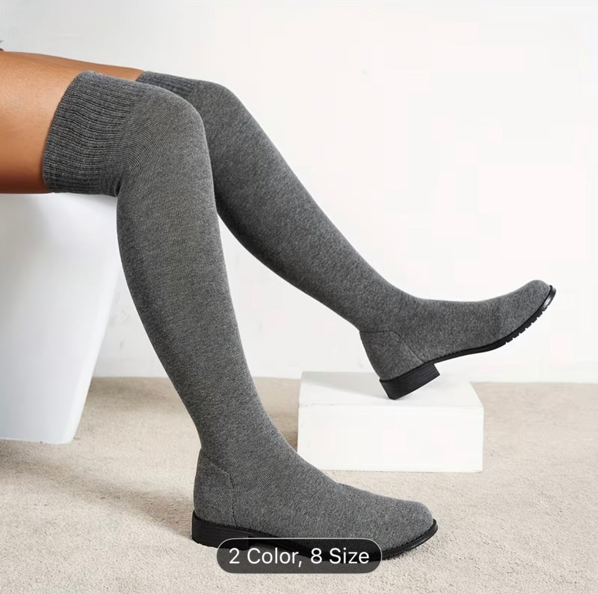 Women’s Over-The-Knee Sock Boots – Stretchy, Long Knitted, Flat Round-Toe High Boots