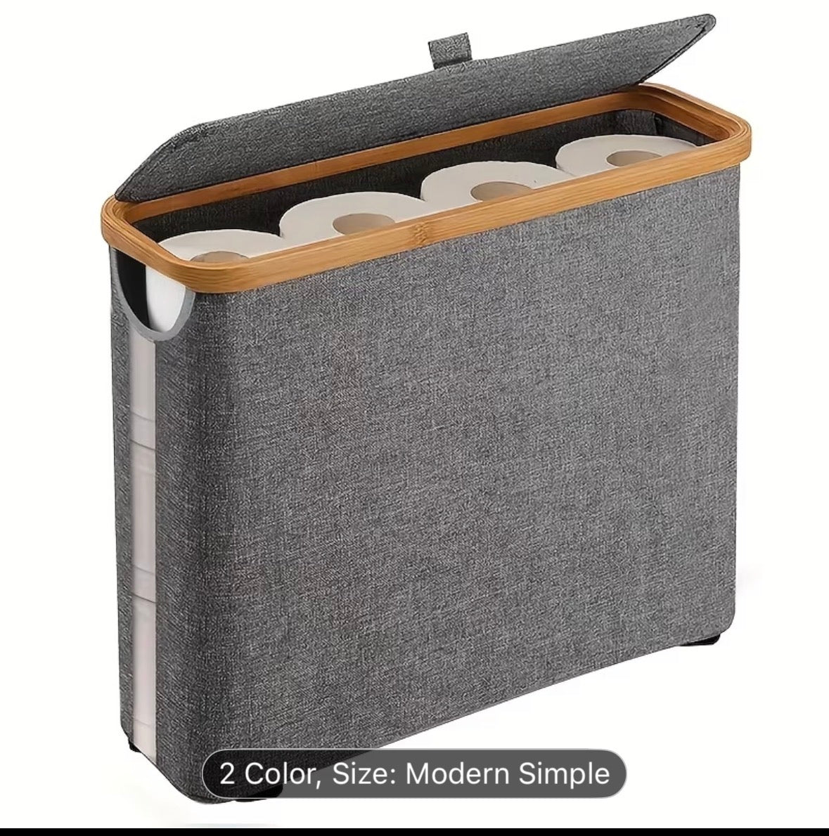 Large Capacity Toilet Paper Holder with Lid – Foldable Space-Saving Wood Frame with Gray Fabric, Modern Bathroom Storage Container, No Installation Needed