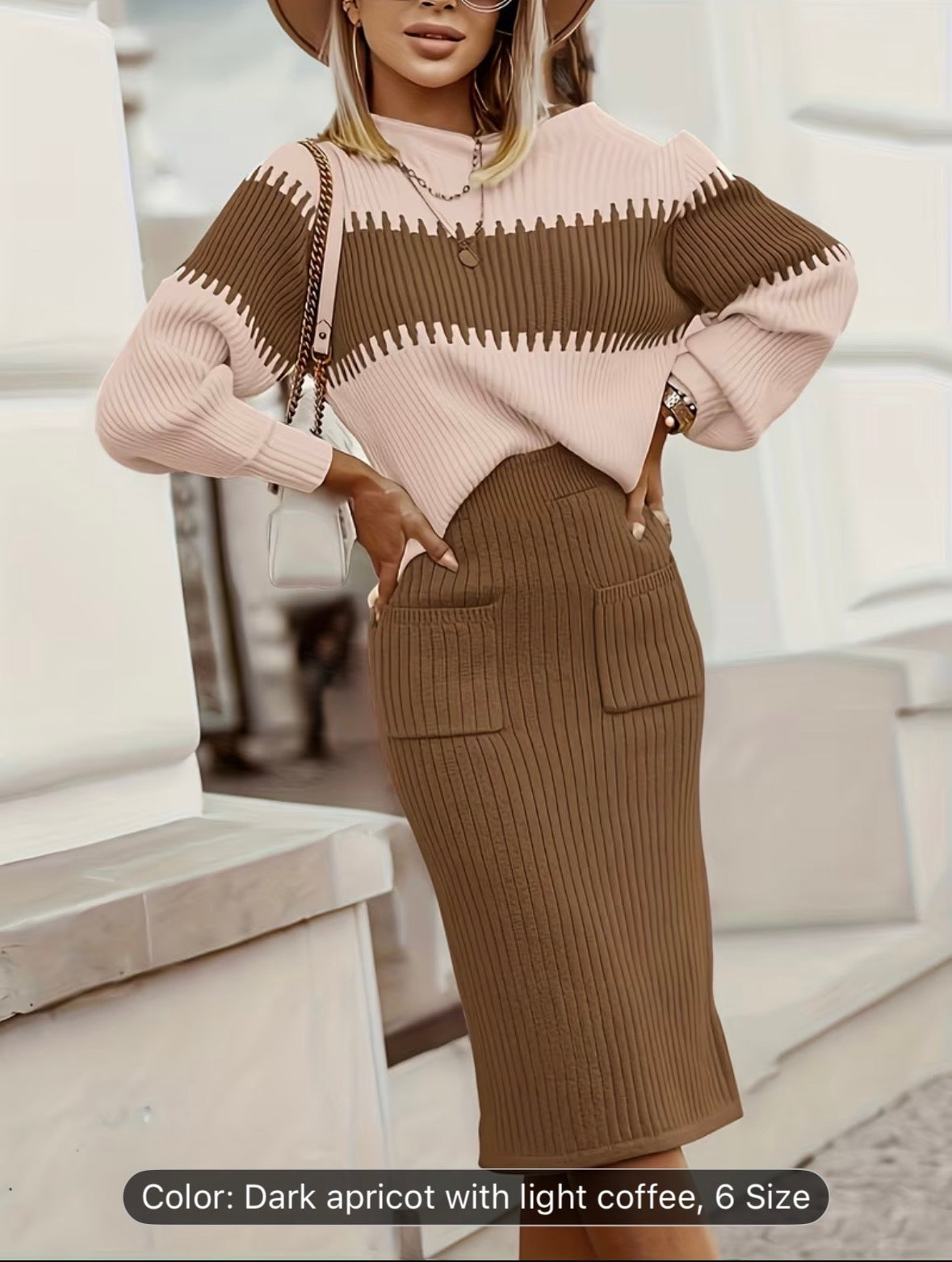 High Neck Pullover Skirt Split Two-Piece Color Block Contrast Thick Long Sleeve Sweater Set – Winter Wardrobe, Elegant Office & Casual Style for Women - UltraChic