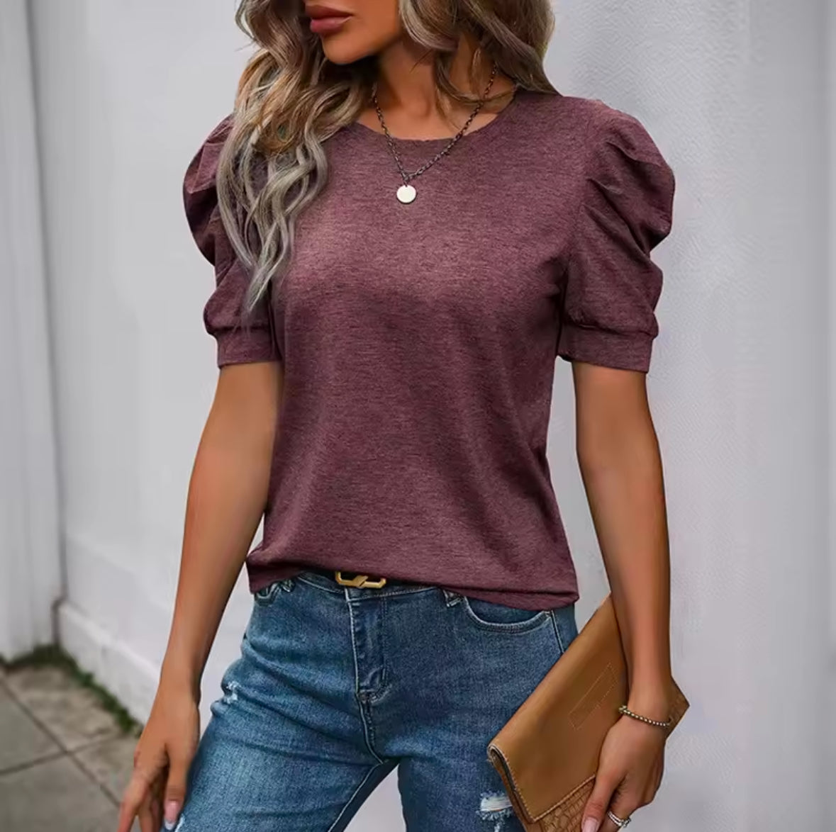 INAWLY Women’s Solid Color Crew Neck Gigot Sleeve T-Shirt – Elegant & Stylish Casual Top