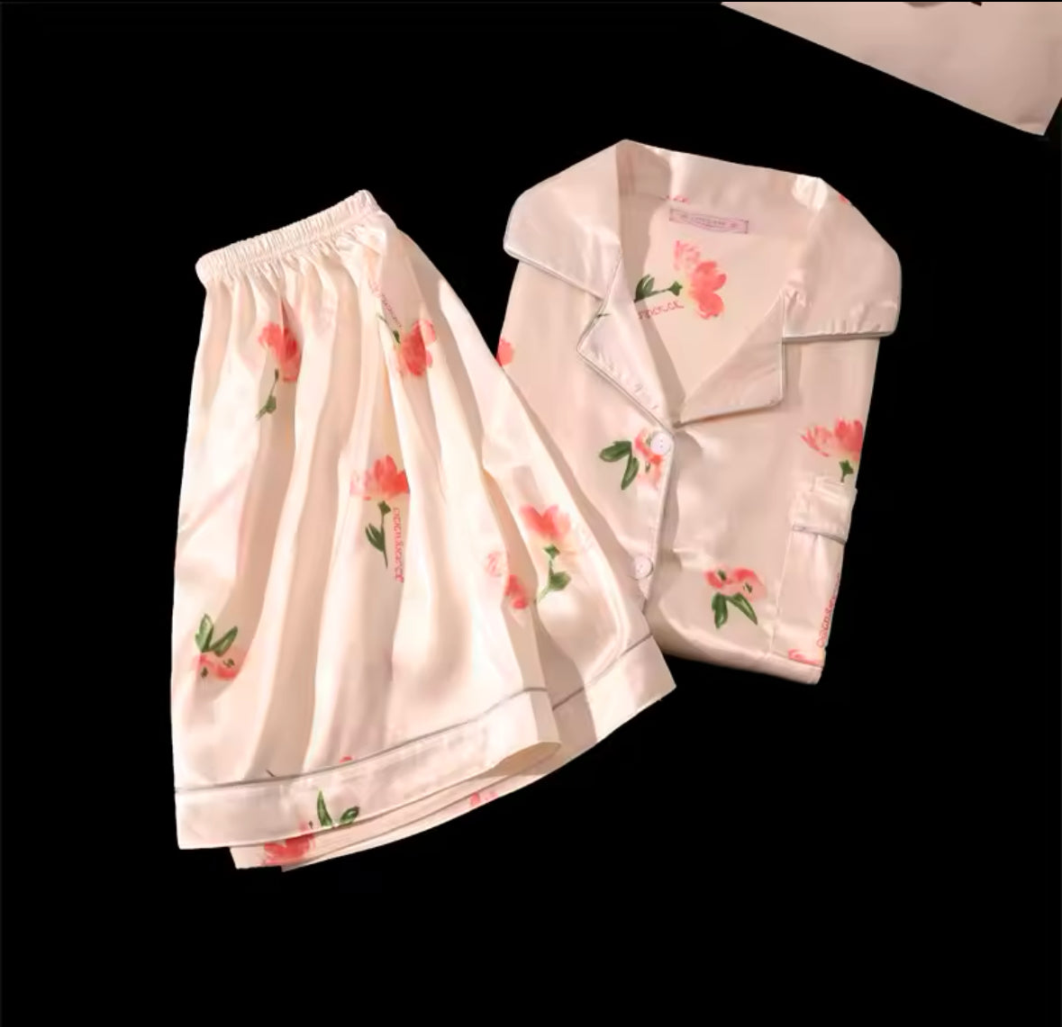 Cherry Print Summer Pajama Set for Women – 2-Piece Faux Satin Sleepwear with Casual Shorts & Top for Stylish Home Comfort
