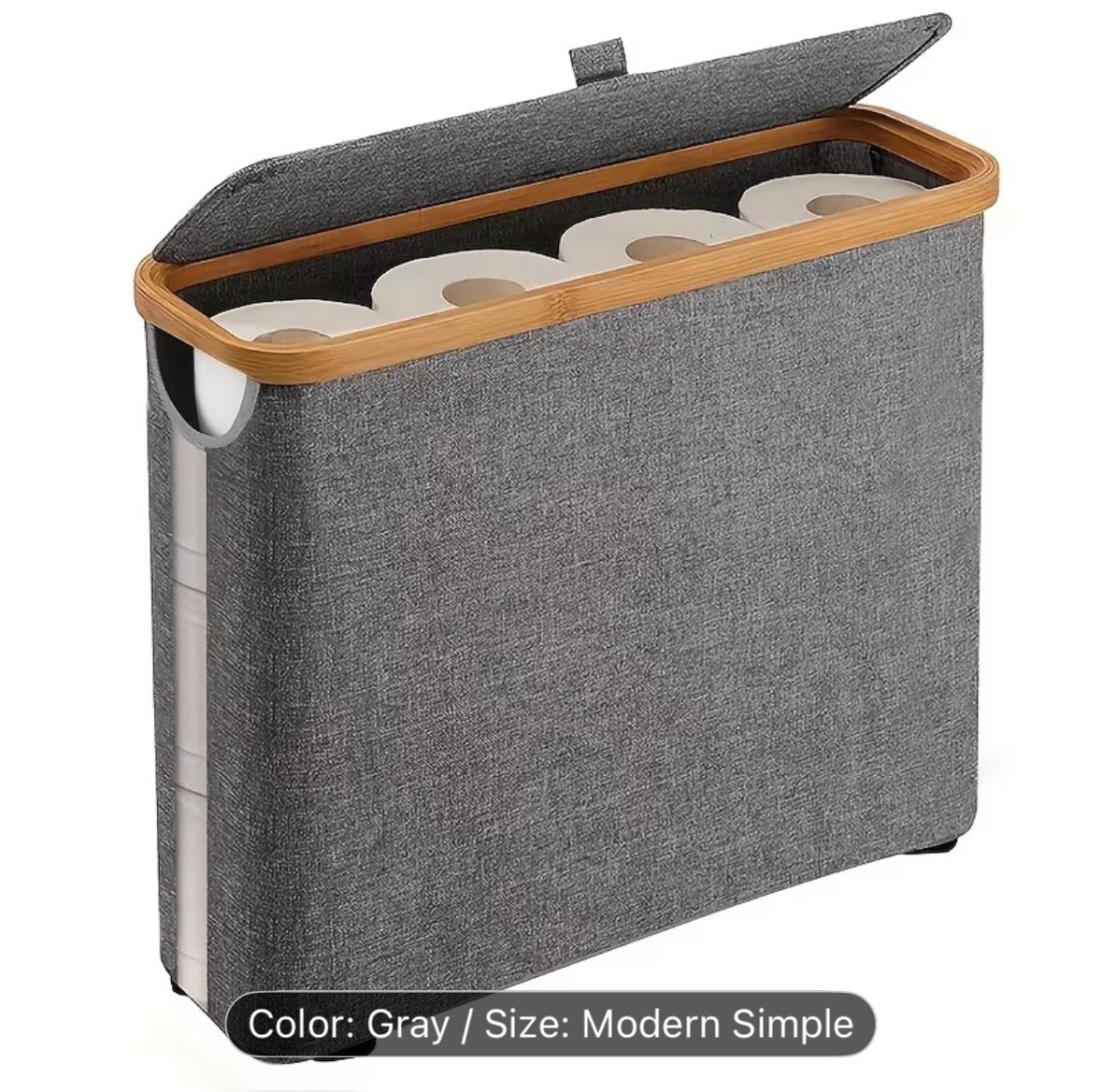 Large Capacity Toilet Paper Holder with Lid – Foldable Space-Saving Wood Frame with Gray Fabric, Modern Bathroom Storage Container, No Installation Needed