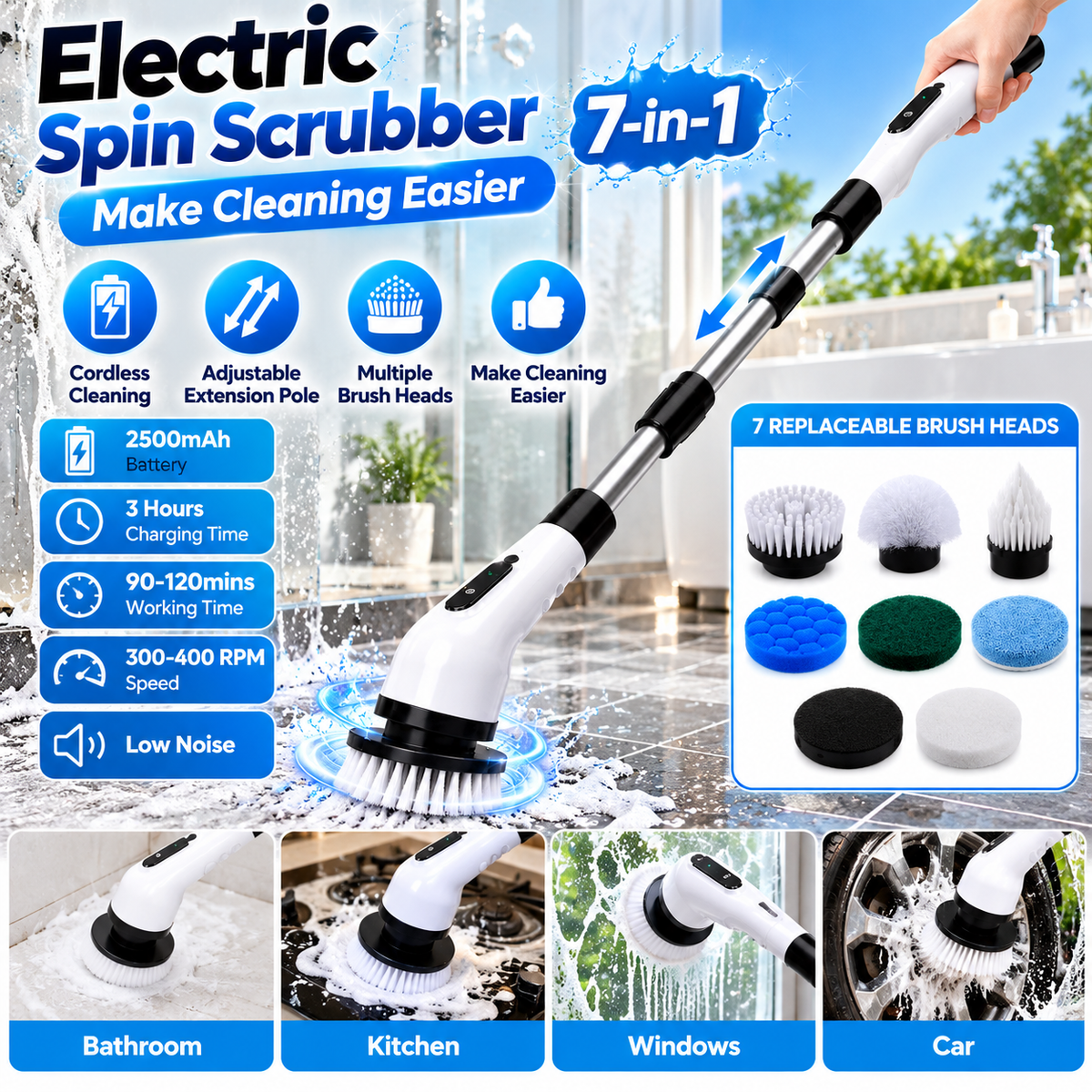 7-in-1 Electric Spin Scrubber – Cordless Cleaning Brush