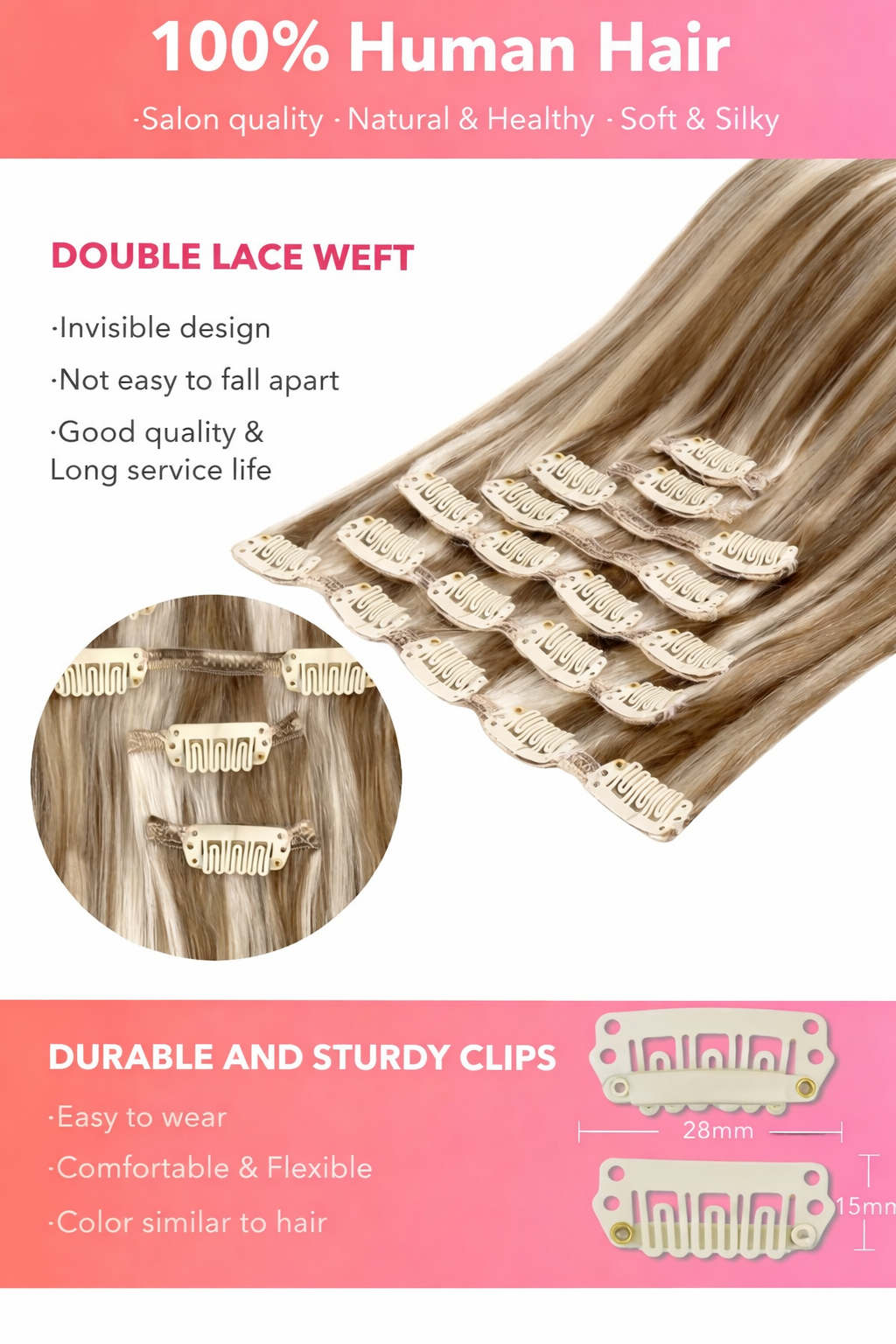 Clip In Human Hair Extensions 7PCS Remy – Double Weft Invisible Natural Hair Extensions for Women