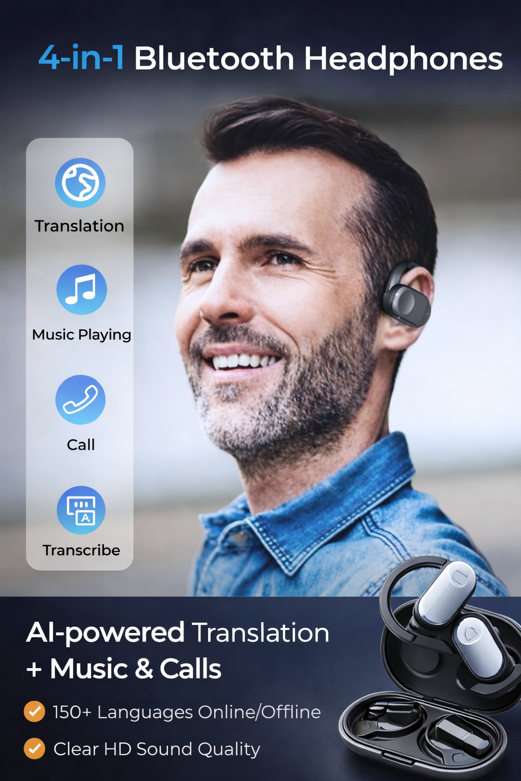 AI Translation Earbuds Real-Time 150 Languages – Smart Wireless Translator Headphones for Travel Business Communication
