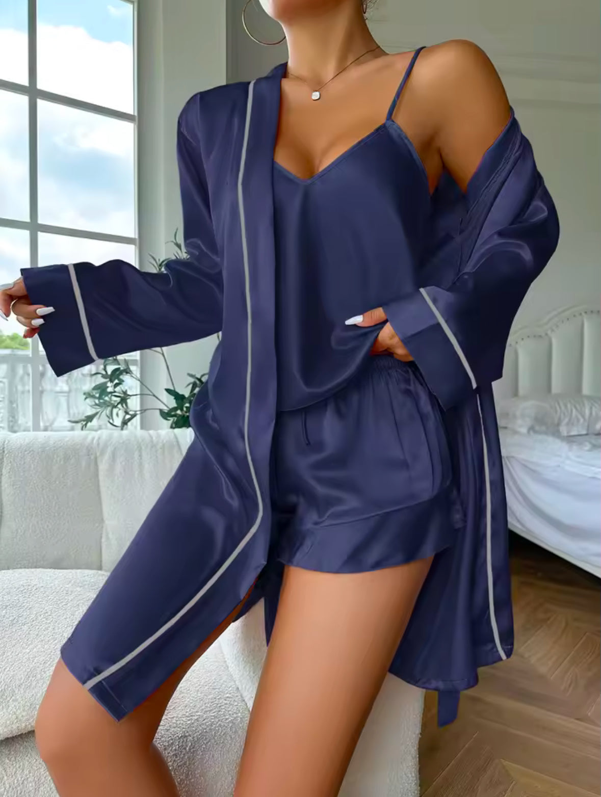 Simple Satin Pajama Set for Women – Long Sleeve Belted Robe, V-Neck Cami Top & Shorts for Comfortable Sleepwear
