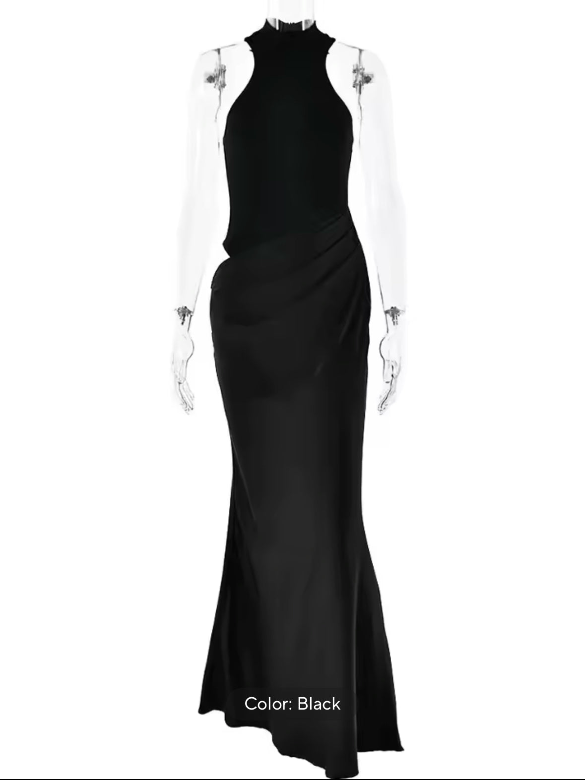 Elegant Black Satin Maxi Dress for Women – Sleeveless High Waist Hollow Out Dress for Autumn Parties and Clubwear