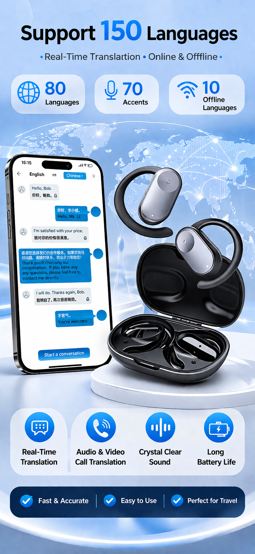 AI Translation Earbuds Real-Time 150 Languages – Smart Wireless Translator Headphones for Travel Business Communication
