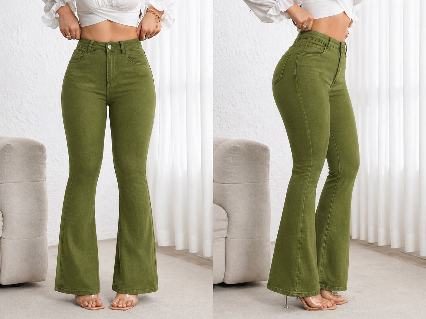 Flare Denim Jeans High Waist Curve Enhancing Slim Fit Legs Elongating Elegant Look All Season Women