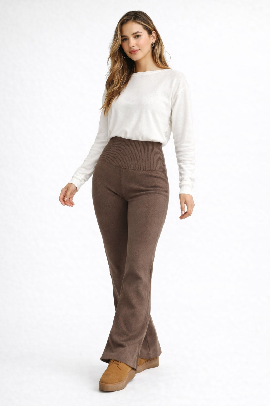 Apricot High Waist Flared Knit Pants – Minimalist Fall Winter Women Trousers - UltraChic