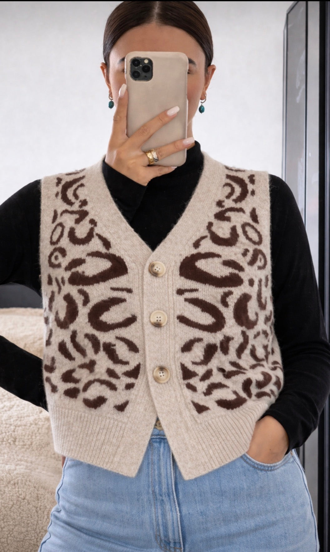 Women’s Leopard Knit Vest – Elegant Autumn/Winter Sleeveless Office Layer