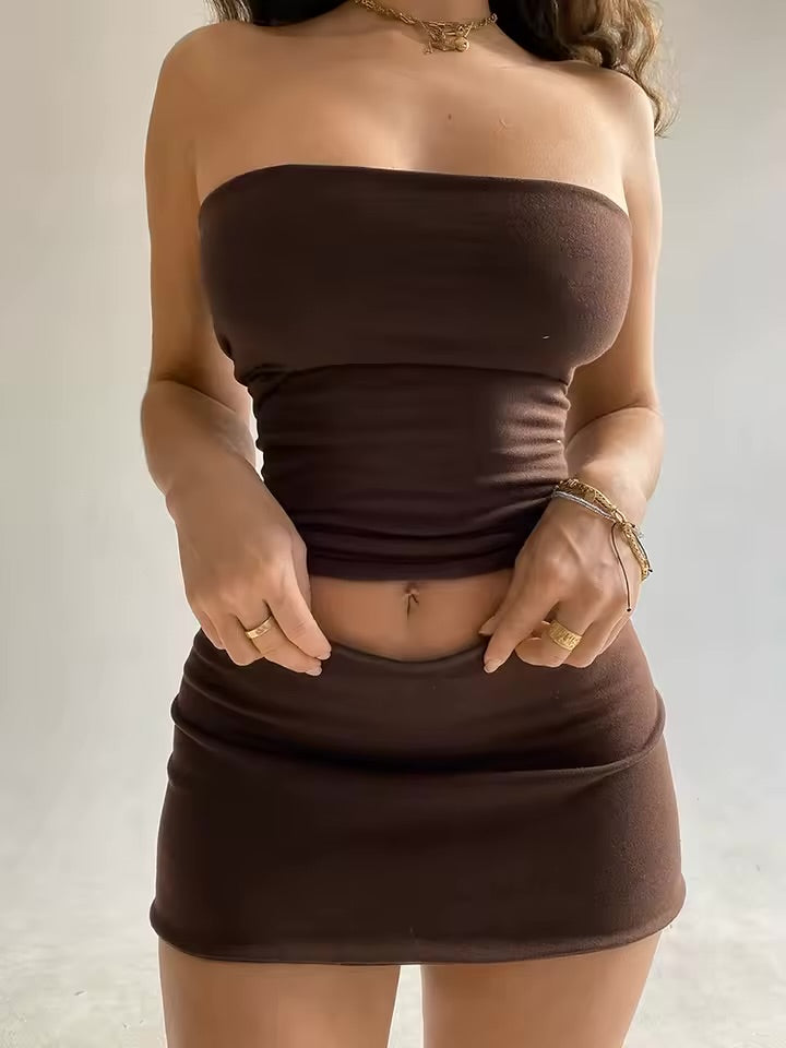 Dulzura 2025 Spring Women’s Two-Piece Set – Tube Top & Mini Skirt | Trendy Clubwear & Vacation Outfit