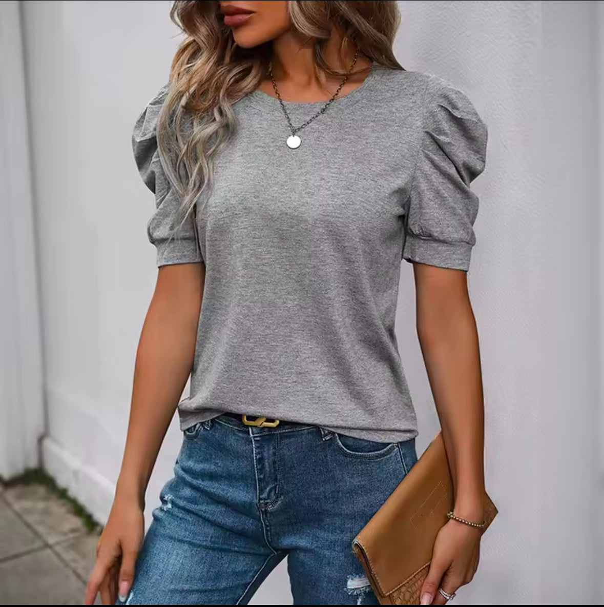 INAWLY Women’s Solid Color Crew Neck Gigot Sleeve T-Shirt – Elegant & Stylish Casual Top