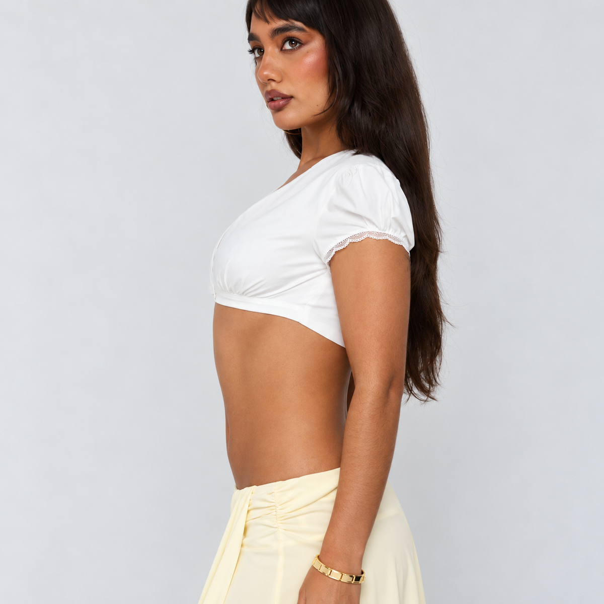 Delliah White Micro Crop Top – Puff Sleeve Lace Trim Blouse