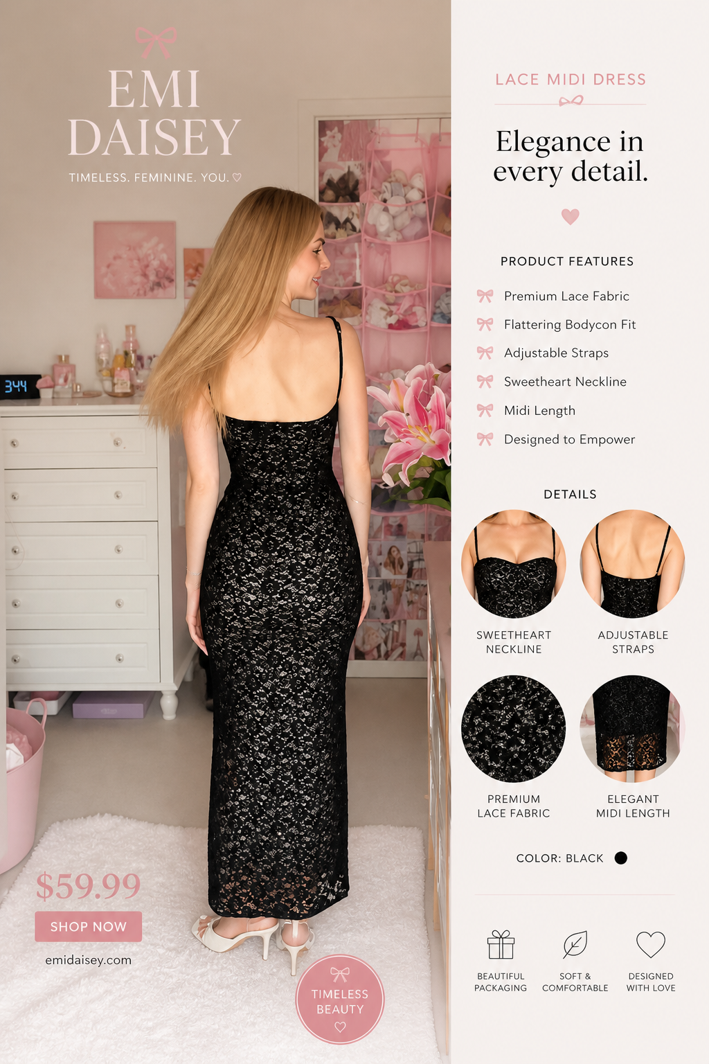 Lace Midi Dress Flattering Bodycon Fit Elegant Silhouette Summer Party Women - UltraChic