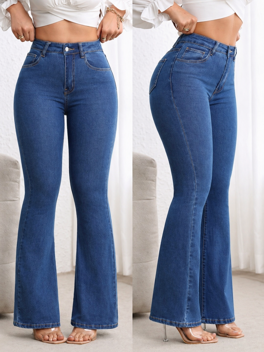 Flare Denim Jeans High Waist Curve Enhancing Slim Fit Legs Elongating Elegant Look All Season Women
