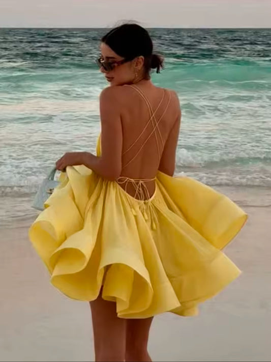 Elegant Summer Beach Pleated Maxi Dress for Women – V Neck, Sleeveless, Lace Up Short Dress – Perfect for Parties & Ball Gowns