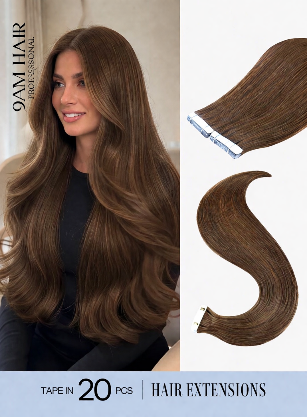 Tape In Human Hair Extensions Remy – Medium Ash Brown Seamless Straight Tape Hair Extensions for Women