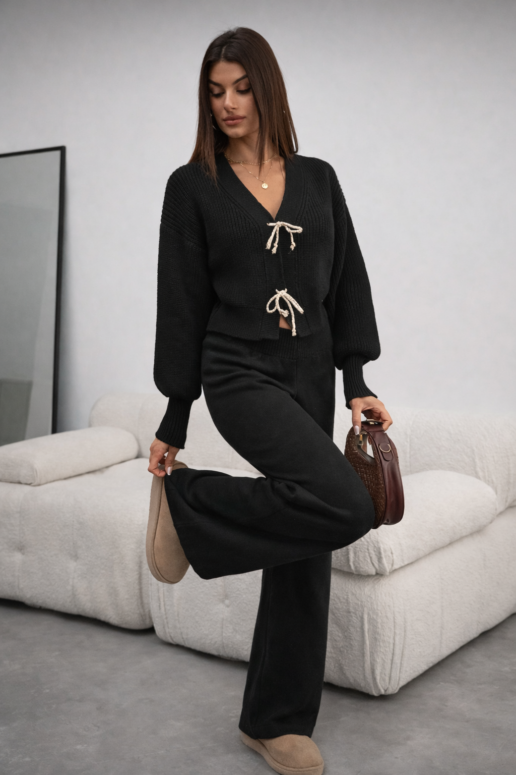 Women’s Chunky Knit Cardigan & Pants Set – Bow Front Winter Lounge Outfit
