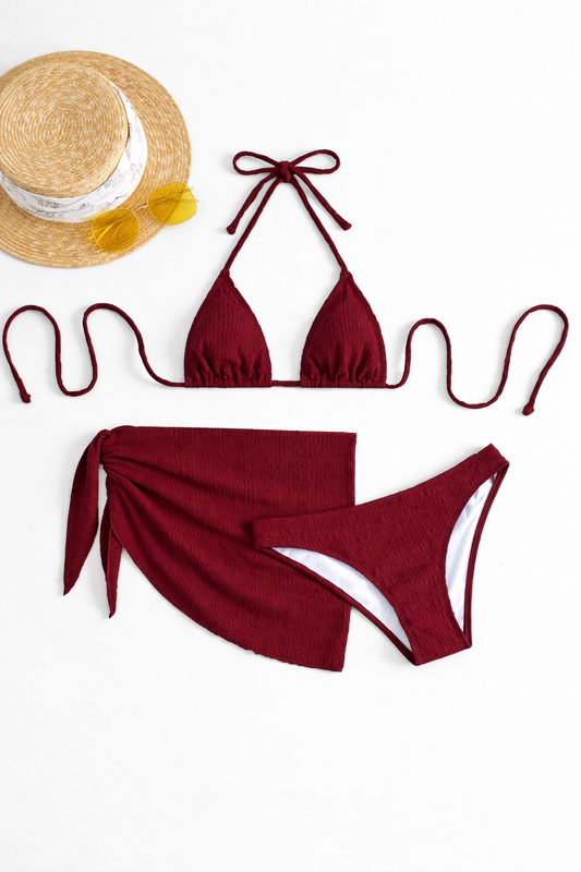 JUST DROPPED Solid Halter Bikini 3PCS Set – Tie Bikini + Mini Skirt Summer Beachwear for Women - UltraChic