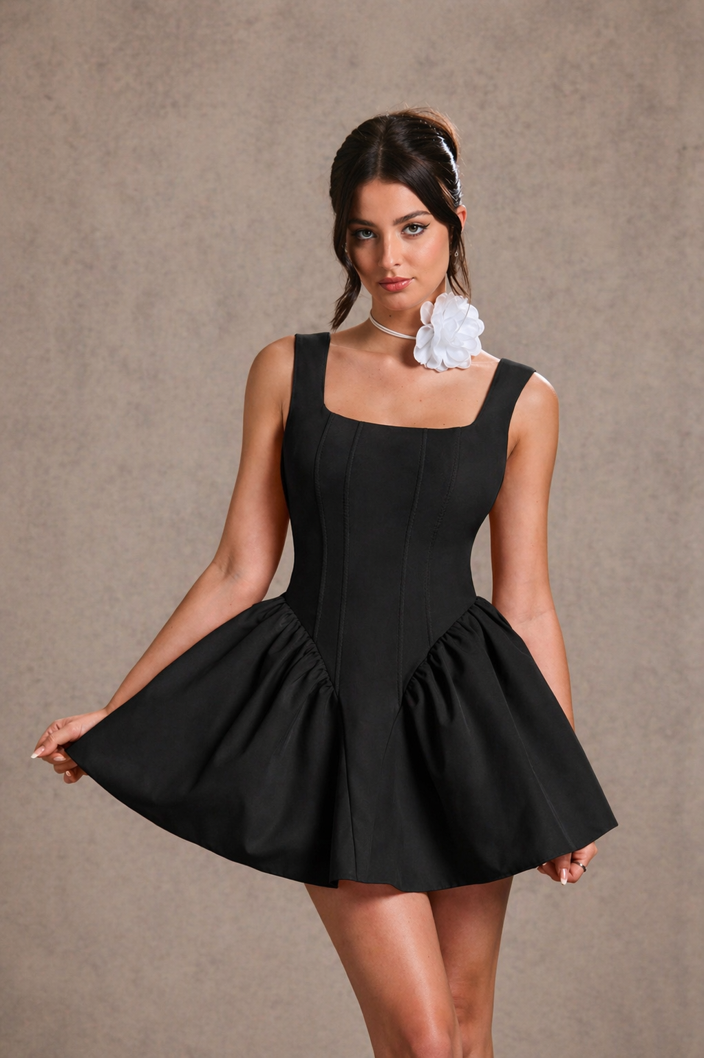 Backless Bow Flare Mini Dress Shapes Waist Elegant Look Autumn Winter Women