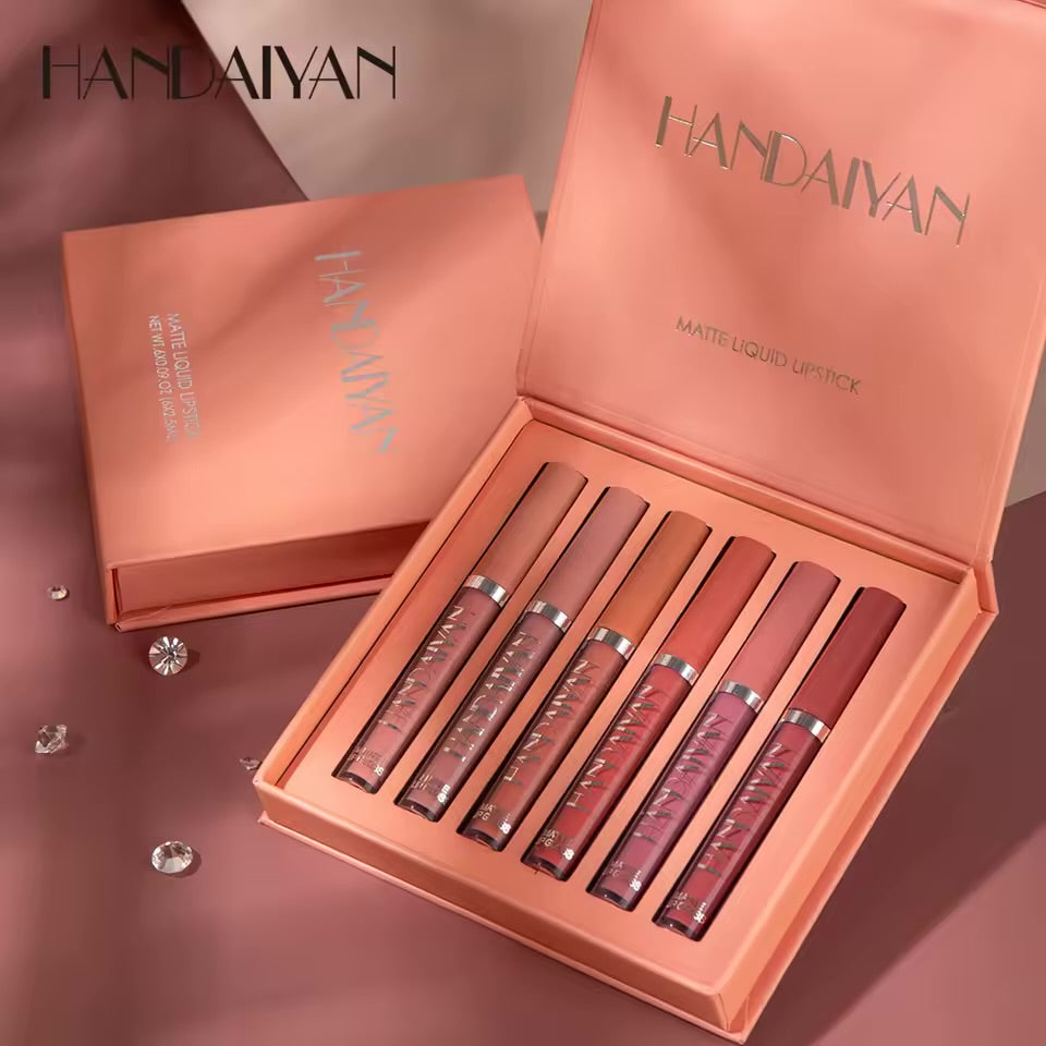 HANDAIYAN 6-Piece Matte Liquid Lipstick Set – Long-Lasting, Non-Stick Cup Lip Gloss Gift Box – Waterproof & Fade-Resistant Colors