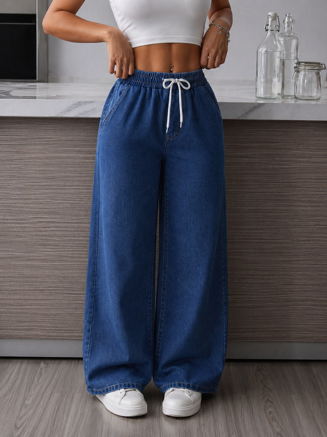 Drawstring Waist Denim Jeans High Comfort Relaxed Fit Effortless Casual Style All Season Women Petite