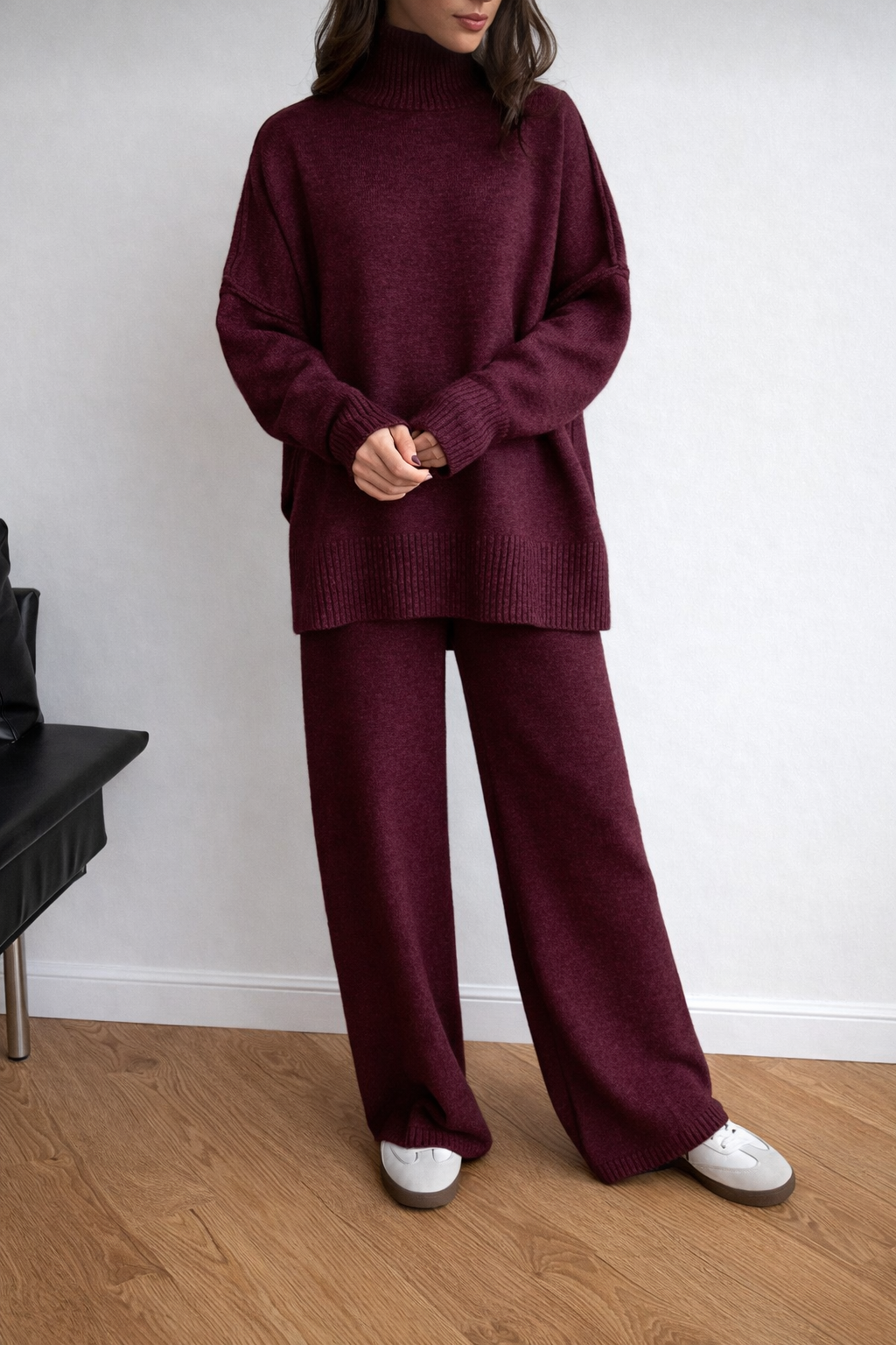 Women’s High Collar Knit Lounge Set – Cozy Autumn Winter Two Piece Outfit - UltraChic