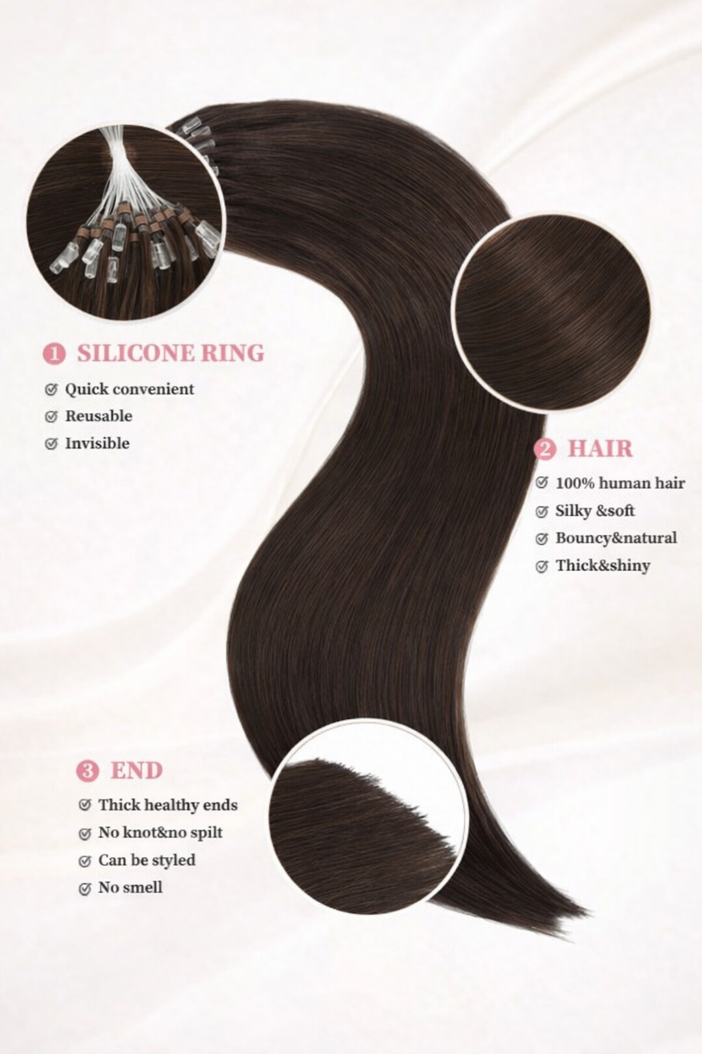 Human Hair Microlink Extensions 50 Strands – Silky Straight Micro Loop Light Brown Hair Extensions for Women