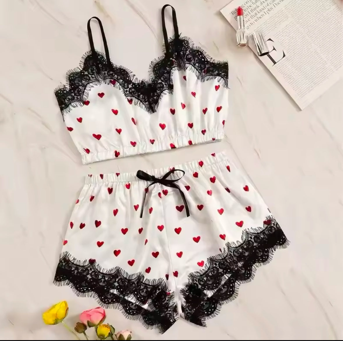 2PCS Satin Pajama Set for Women – Sexy V-Neck Lingerie with Lace & Bowknot, Stretchy Sleepwear for Comfortable & Stylish Nights