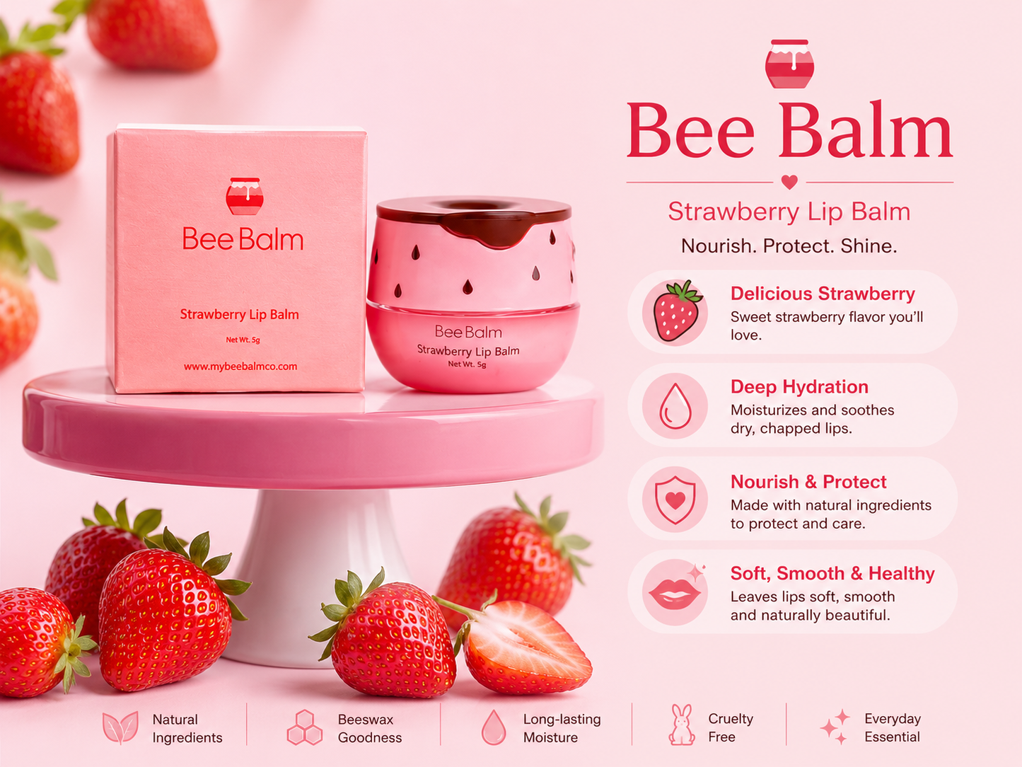 Bee Balm Strawberry Lip Balm – Deep Hydration & Nourishing Lip Care for Soft Glossy Lips