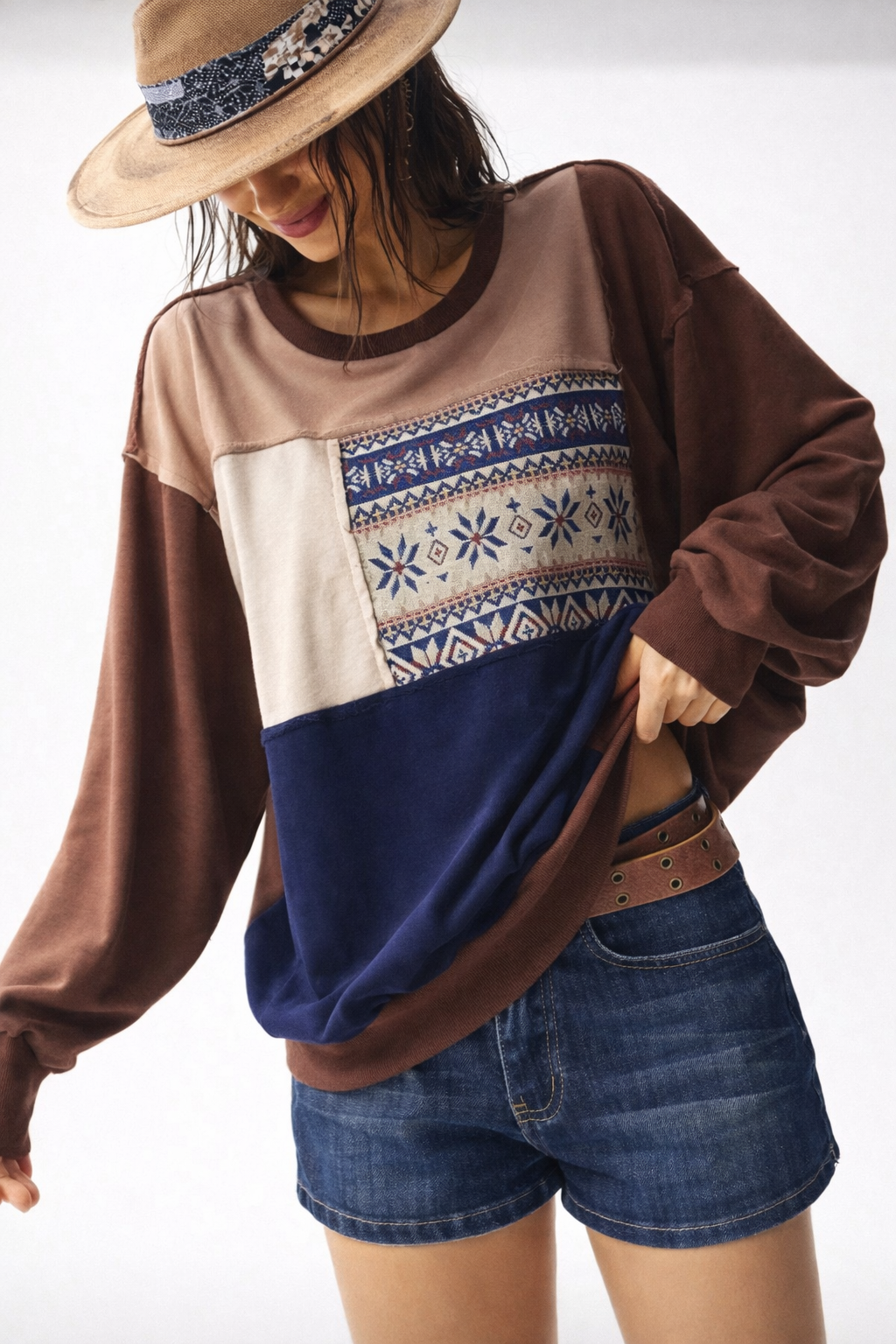 Women’s Patchwork Knit Sweatshirt – Cozy Autumn Winter Casual Top - UltraChic