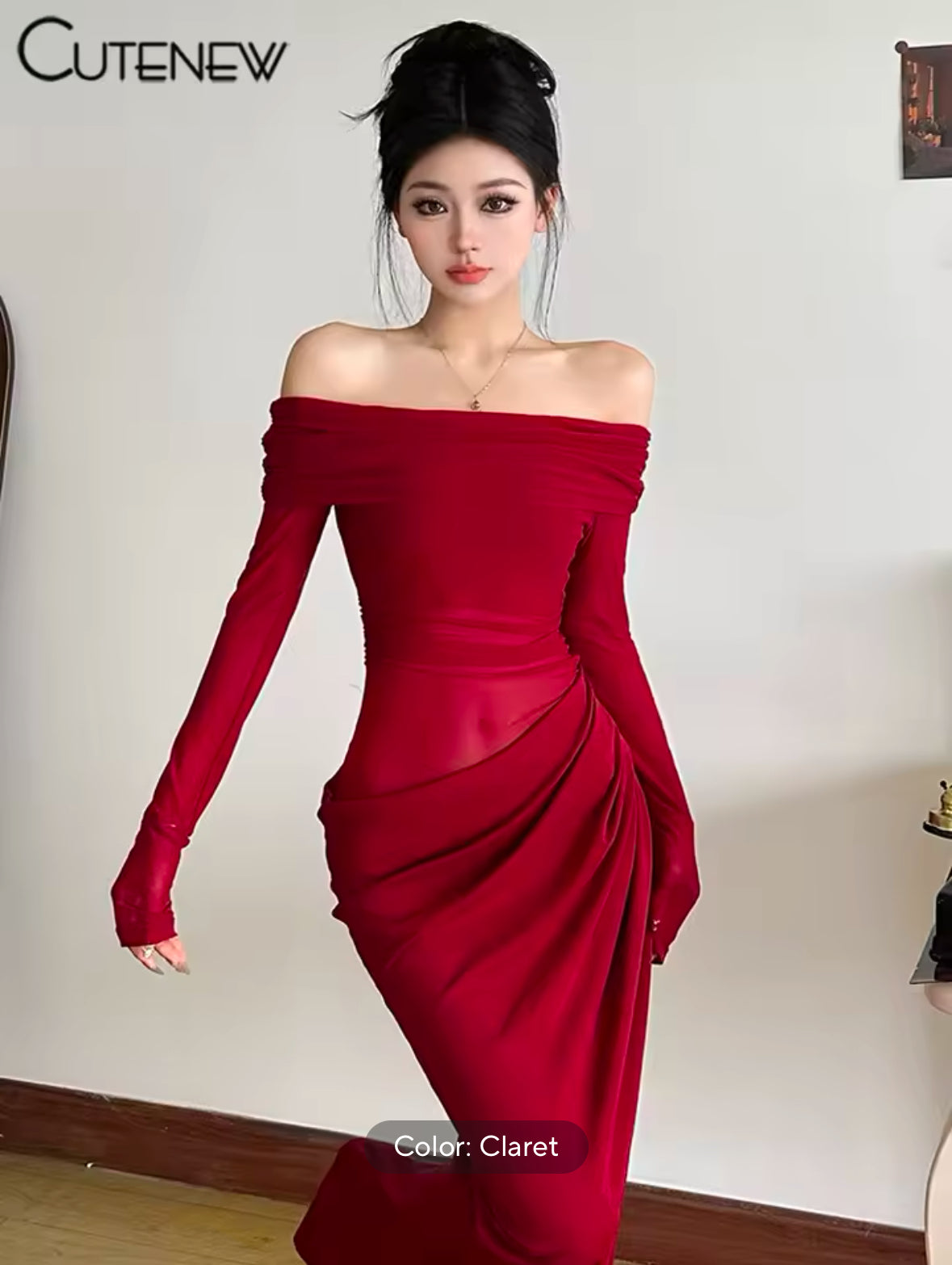 Sexy Mesh Ruched Maxi Dress for Women – Off Shoulder Sheer Long Sleeve Bodycon Gown for Midnight Parties