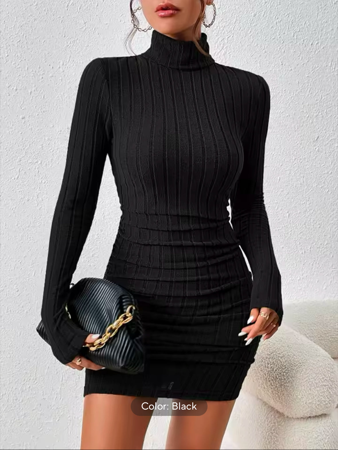 Elegant Black Turtleneck Mini Dress for Women – Long Sleeve Bodycon Sheath Dress for Autumn Parties and Events