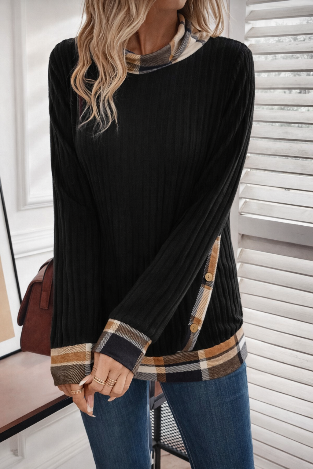 Women’s Plaid Trim Cowl Neck Sweatshirt – Cozy Fall Casual Top - UltraChic