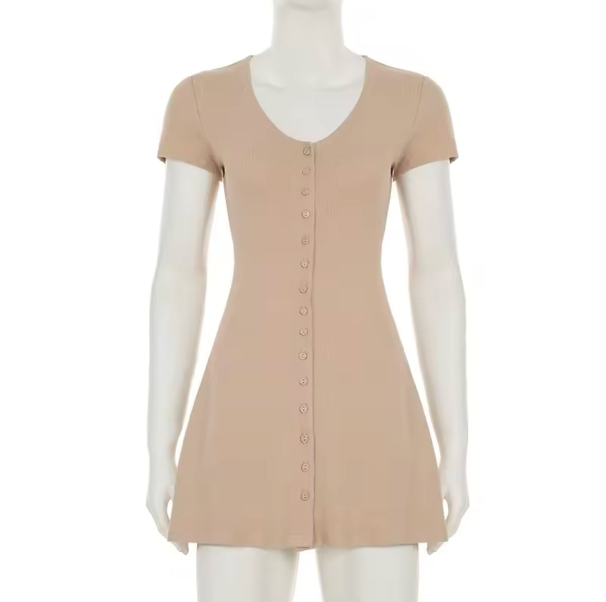 TARUXY 2025 Summer Women’s Knitted Mini Dress – Elegant V-Neck Buttoned Short Sleeve Casual Dress with High Elasticity