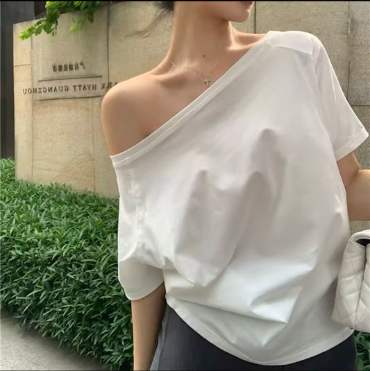 Flirla 2pcs/Set Off-Shoulder Loose T-Shirt – Trendy Oversized Fit for Effortless Style