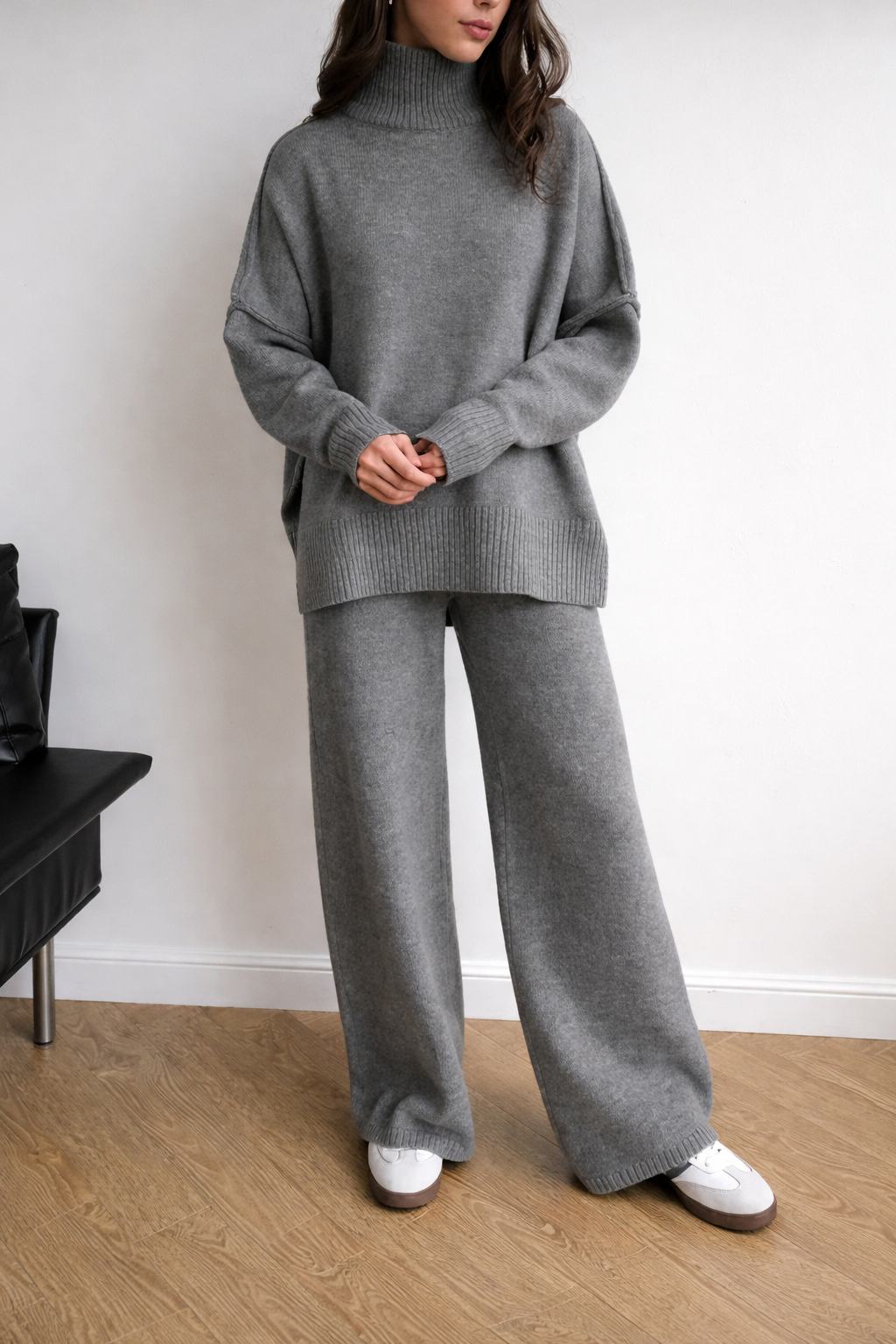 Women’s High Collar Knit Lounge Set – Cozy Autumn Winter Two Piece Outfit - UltraChic