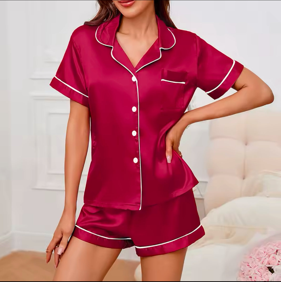 Luxurious Women’s Silk Satin Pajama Set – Button-Down Two-Piece Sleepwear & Loungewear with Comfortable Shorts for Relaxation