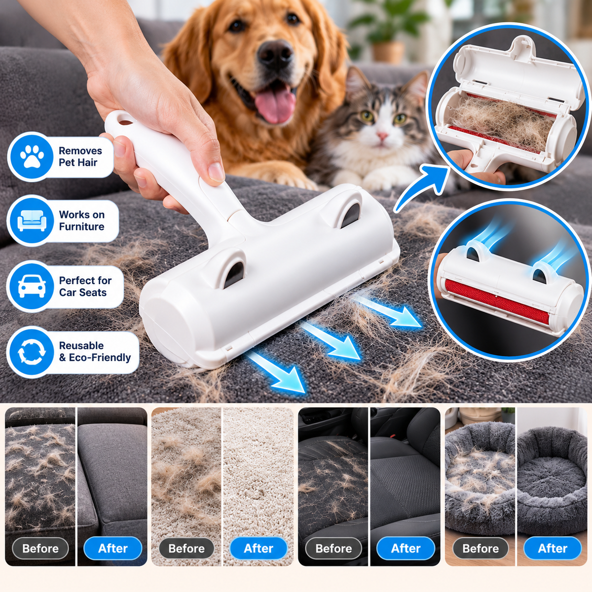 Reusable Pet Hair Remover Roller – Furniture & Upholstery Cleaner