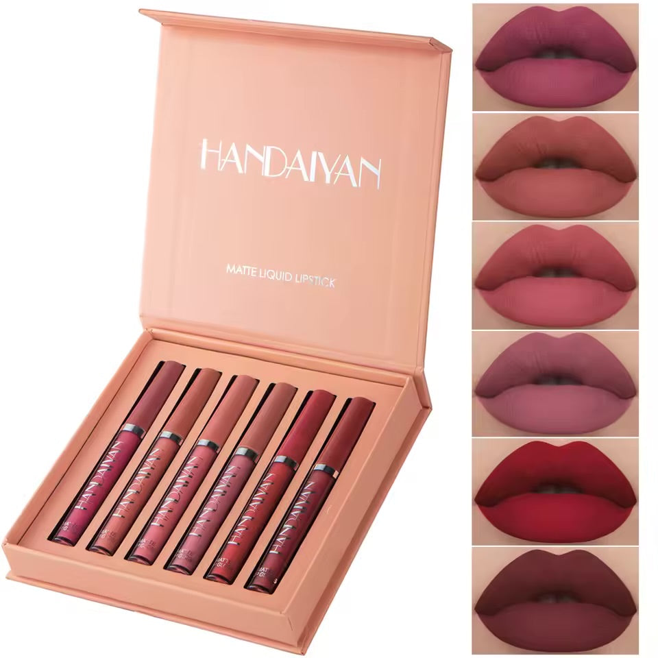HANDAIYAN 6-Piece Matte Liquid Lipstick Set – Long-Lasting, Non-Stick Cup Lip Gloss Gift Box – Waterproof & Fade-Resistant Colors